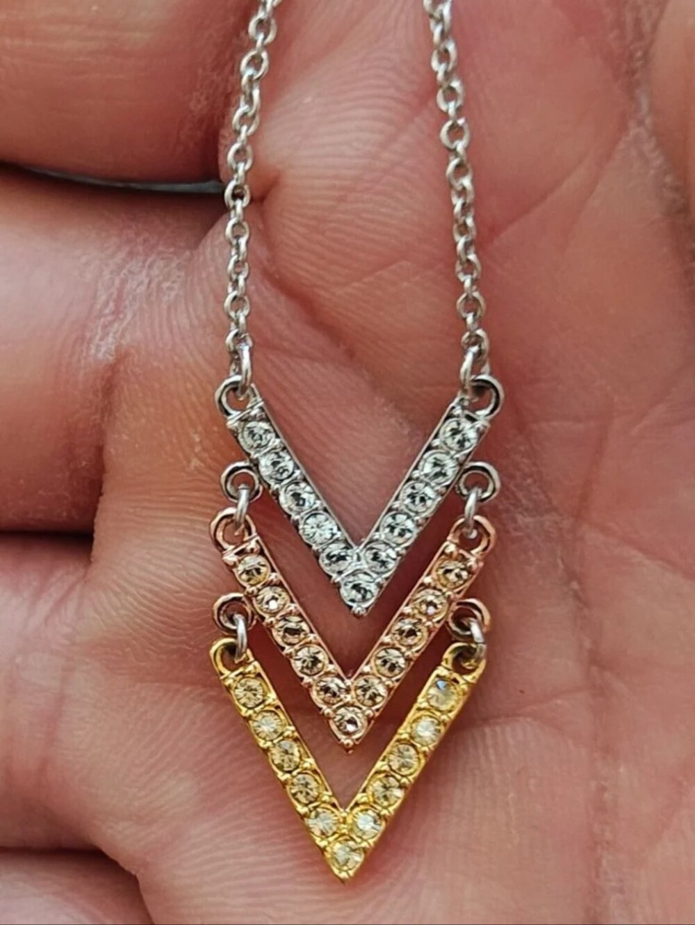 Touchstone Crystal by Swarovski Retired Tri-Tone Triple V Chevron Necklace And
